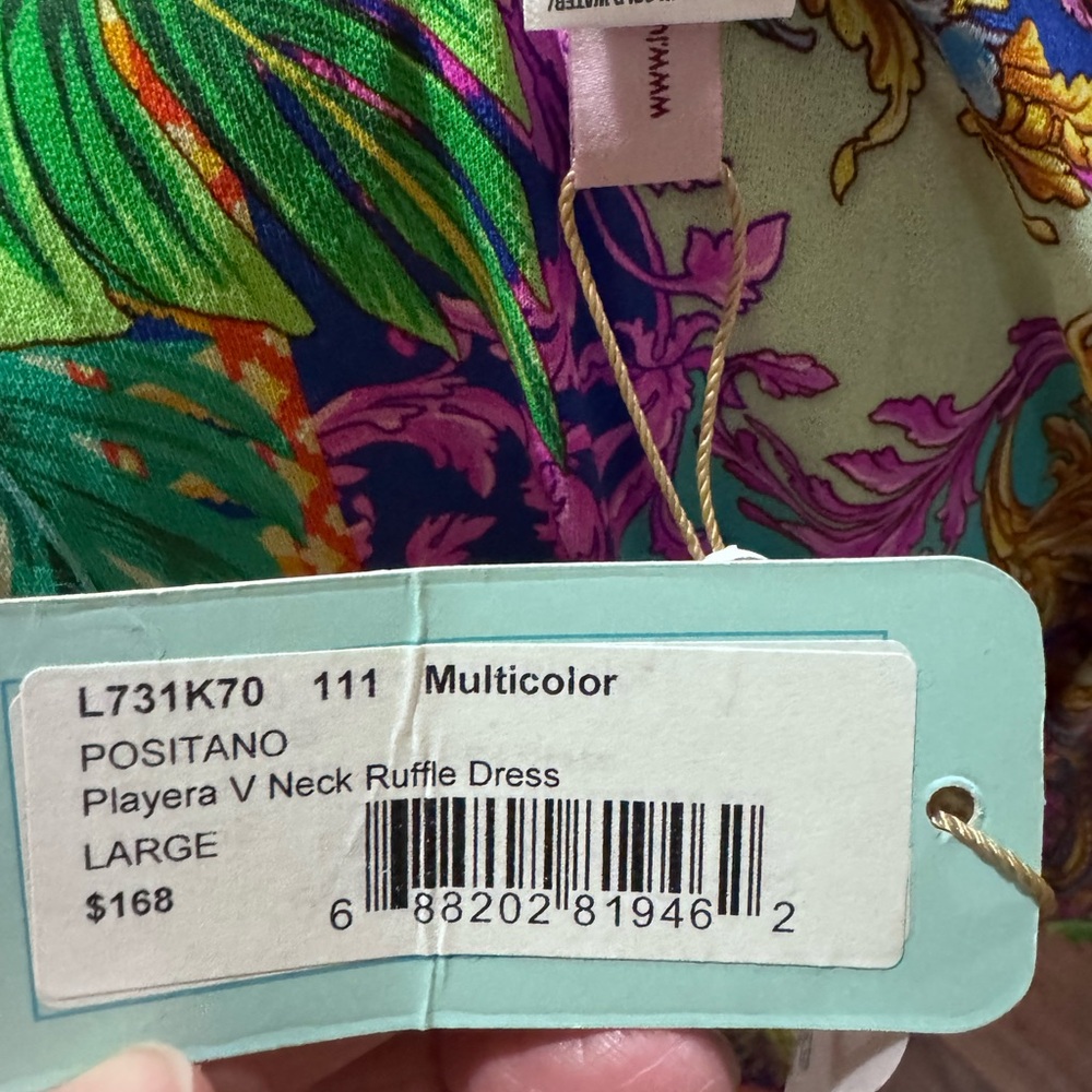NWT Lulu Fama -Orange and Green Plunge Neck Flutter Sleeve Sundress - Picture 7 of 9